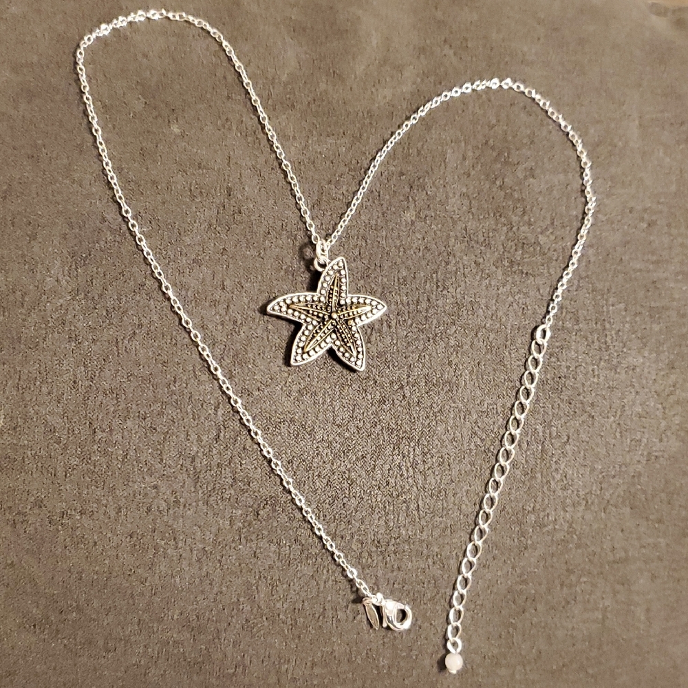 Silver Tone Starfish Pendant Necklace – Marcasite Style Coastal Beach Jewelry - Picture 2 of 6